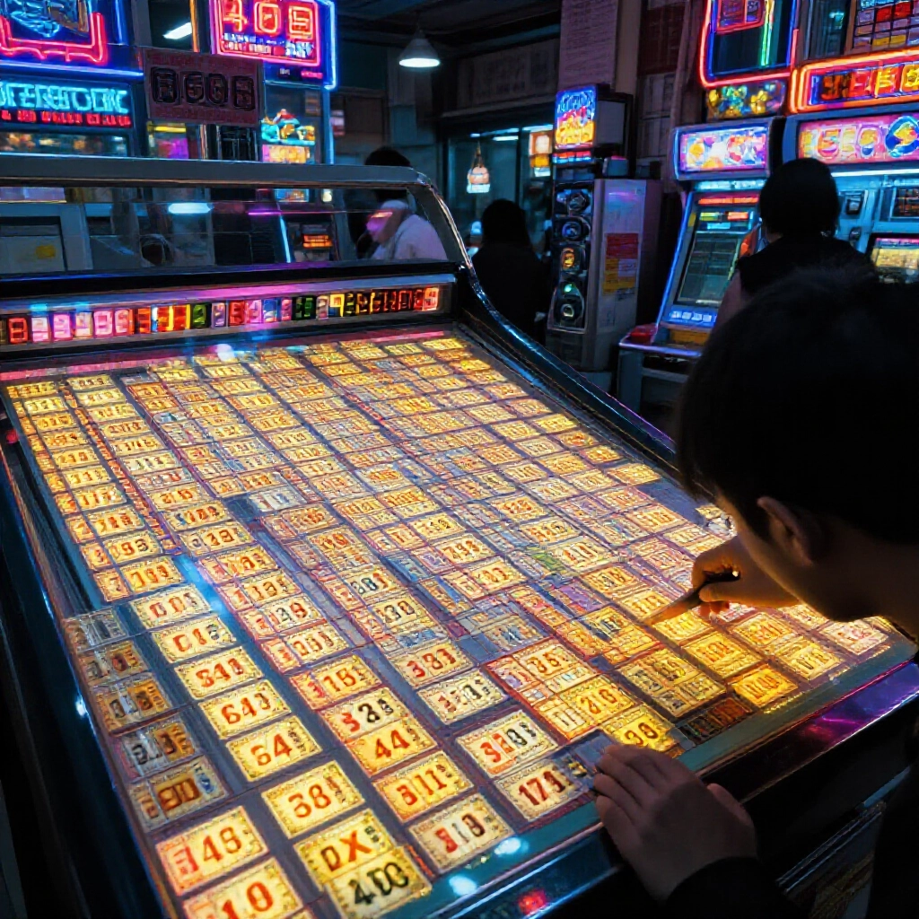 lottery machine printing endless tickets with numbers one to forty nine glowing brightly in a bustling taiwanese betting station under neon lights