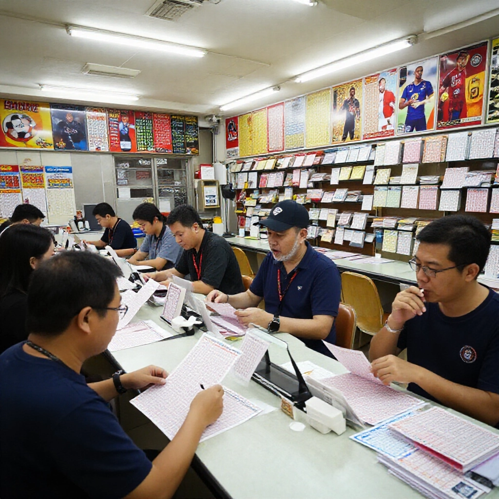 台灣運彩實體店內熱鬧氛圍,顧客在燈光下填單研究賠率,牆上貼滿球隊海報