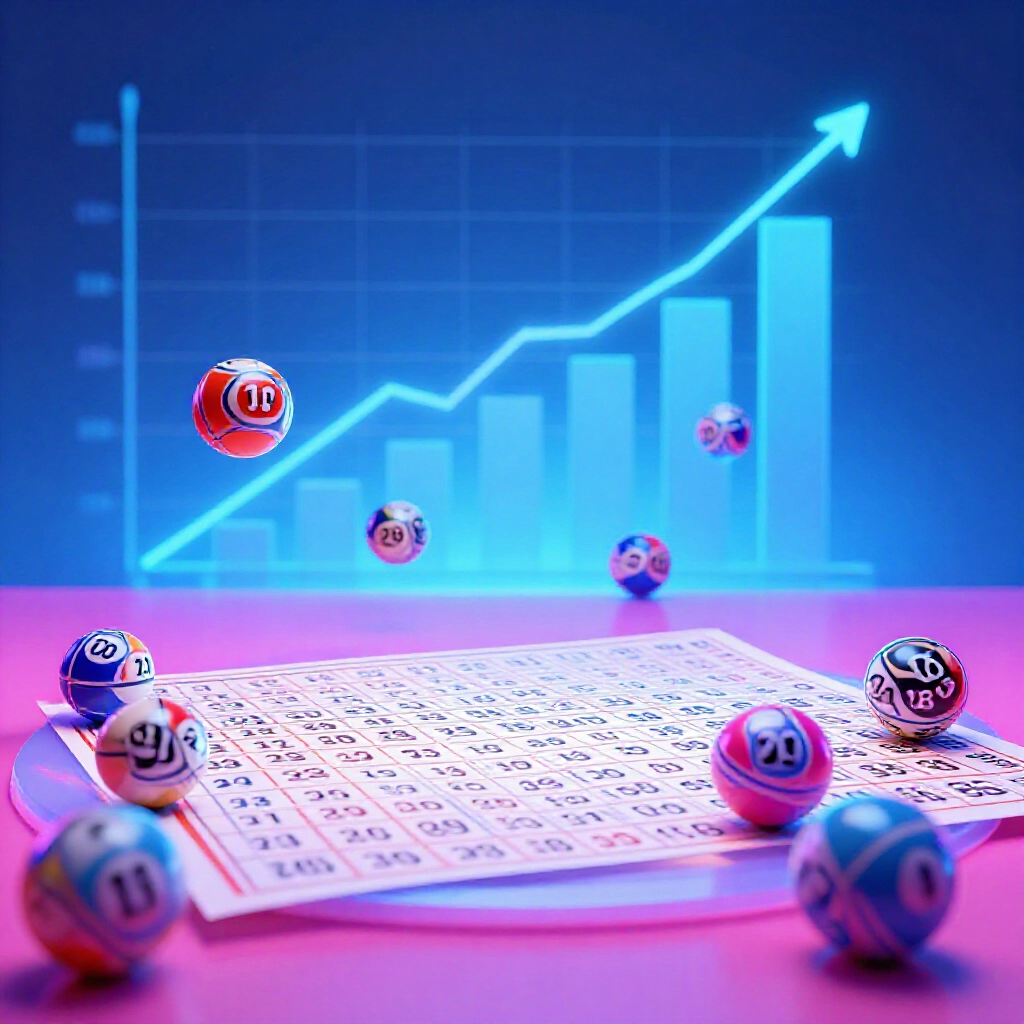 Vibrant table visualization of top 10 overdue lottery balls numbered from 01 to 39 floating above a statistical graph with rising omission bars under soft blue neon lights