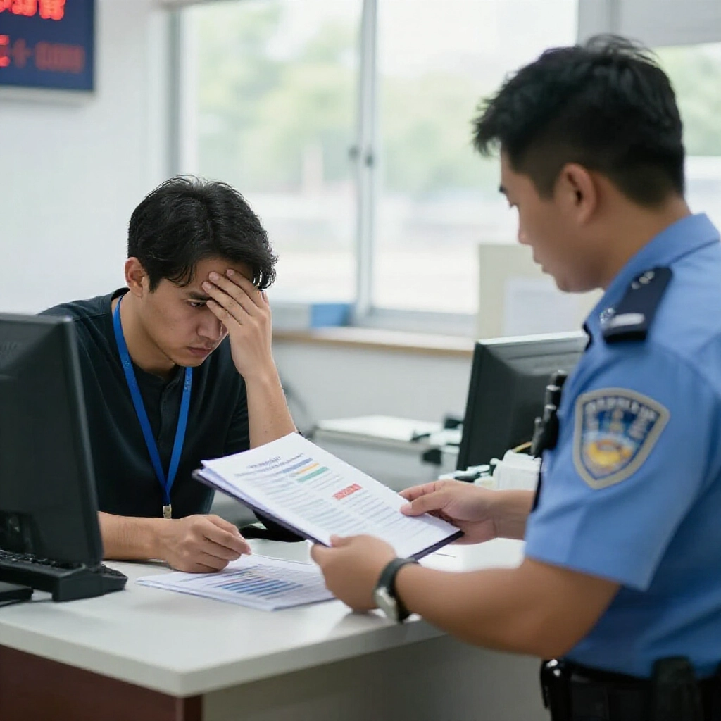 人在警察局櫃檯遞證據資料夾給員警,桌上放圖表討論賭博詐騙案,氣氛嚴肅窗外自然光