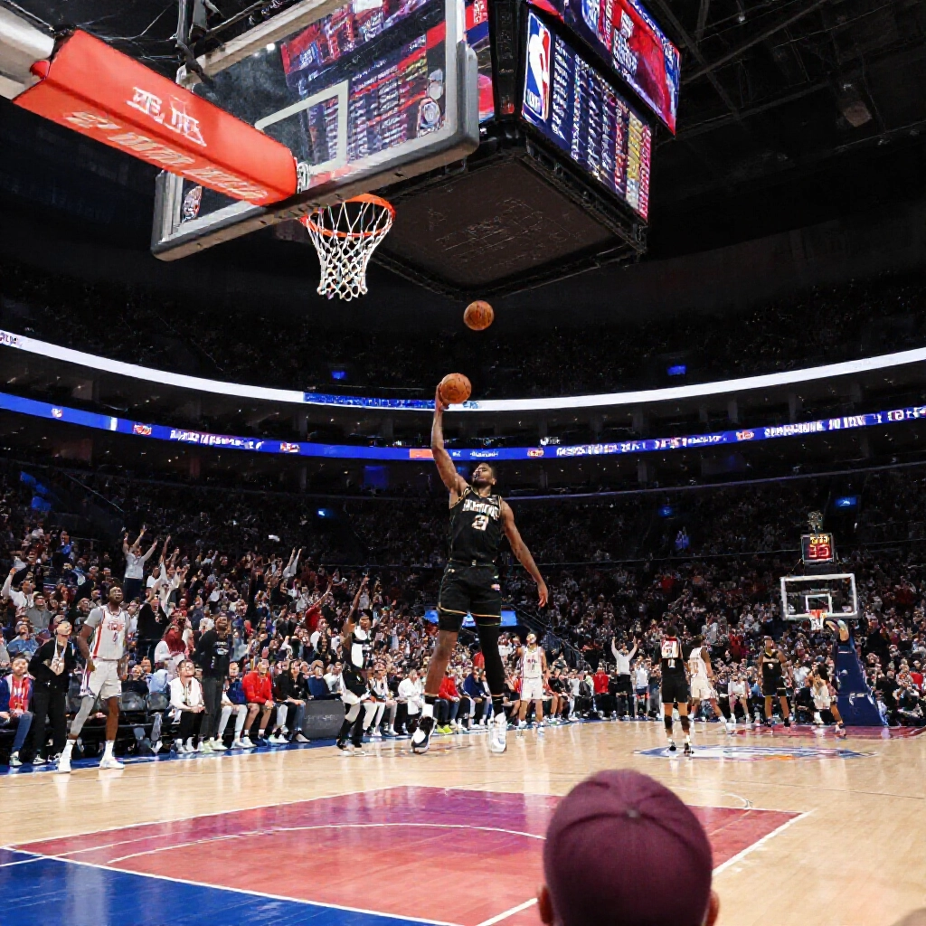 NBA球賽現場熱鬧非凡,球迷狂歡,球員躍起灌籃,燈光璀璨,計分板閃耀