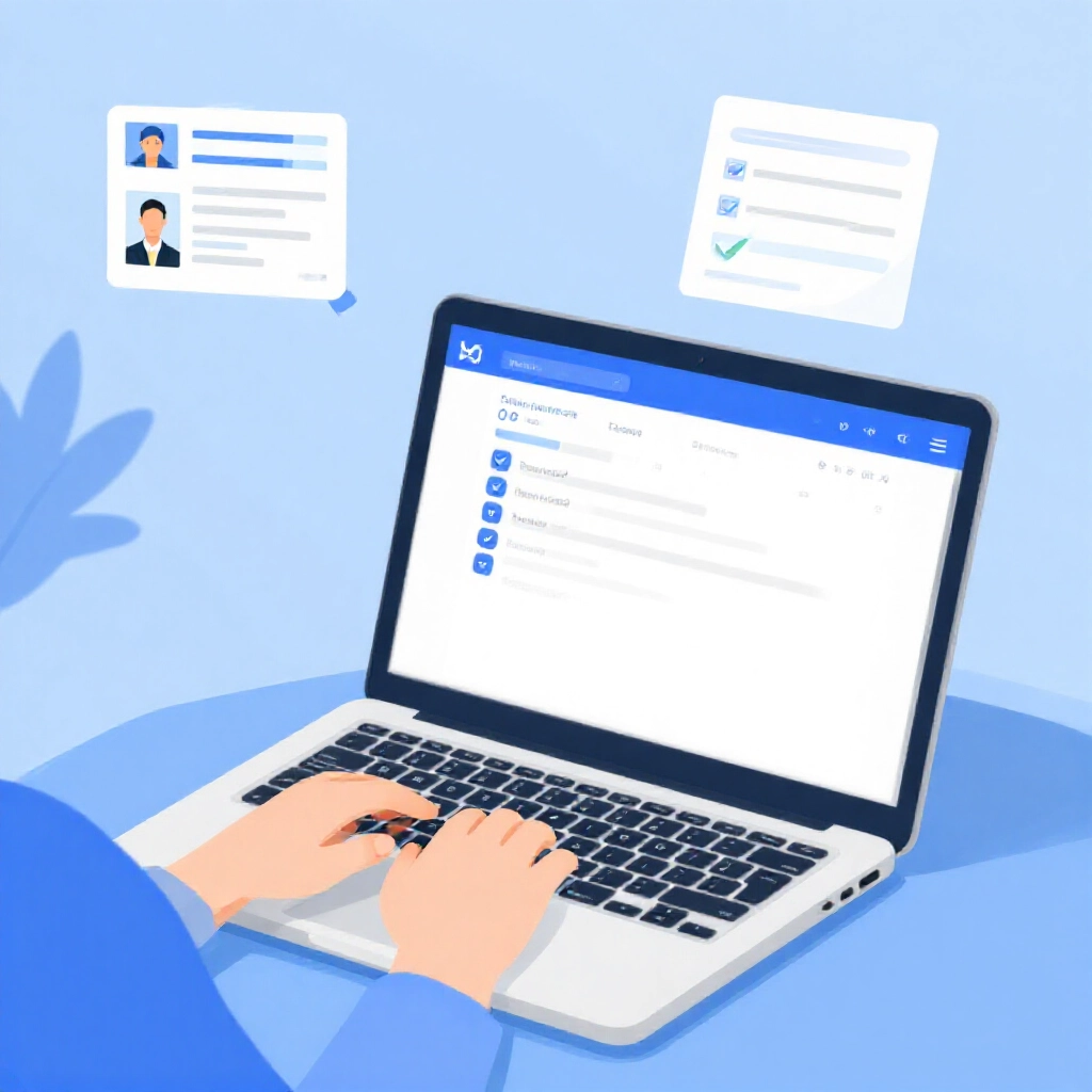 Step by step illustration of user entering bank details on laptop screen uploading ID and passbook photos with checkmarks for verification in clean modern interface blue tones