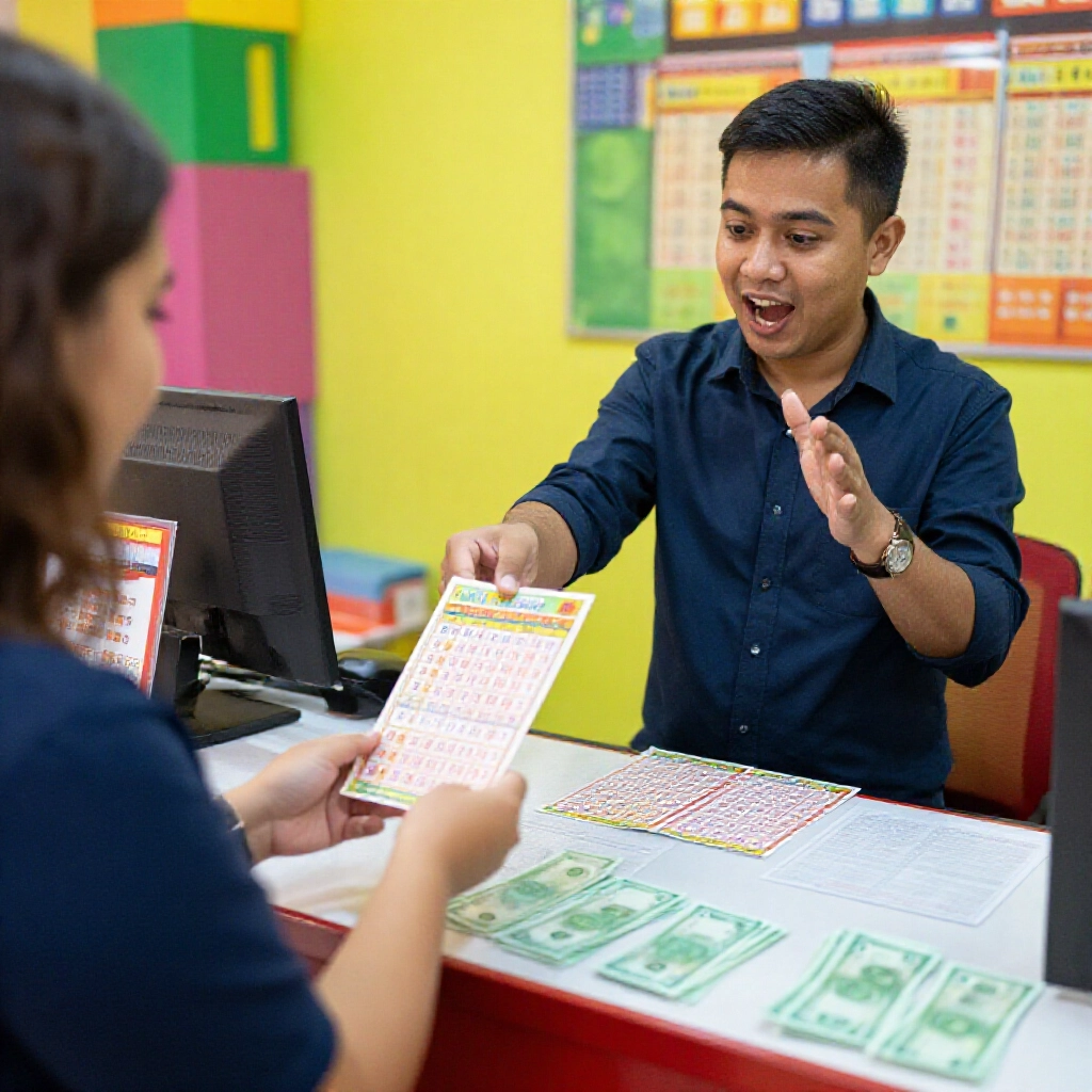 customer at colorful lottery counter handing self picked 6 numbers requesting second zone full package clerk printing 8 tickets excitement in air green money notes scattered friendly interaction