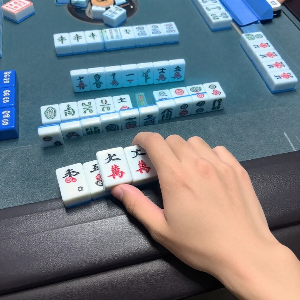 玩家盯著手牌,邊張一二萬中洞五七筒,介面秀牌池剩餘張數,燈光聚焦策略決斷
