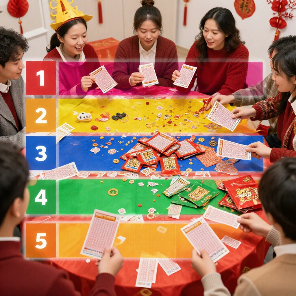colorful cost chart for 7 to 12 number packages with friends gathered around table sharing lottery slips during festive chinese new year office party