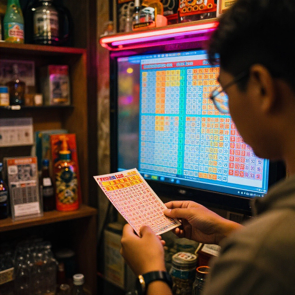 lottery enthusiast in cozy taiwan shop examining power lotto ticket with first zone numbers 1 to 38 and second zone 1 to 8 vibrant neon lights warm ambient glow detailed number grids on screen