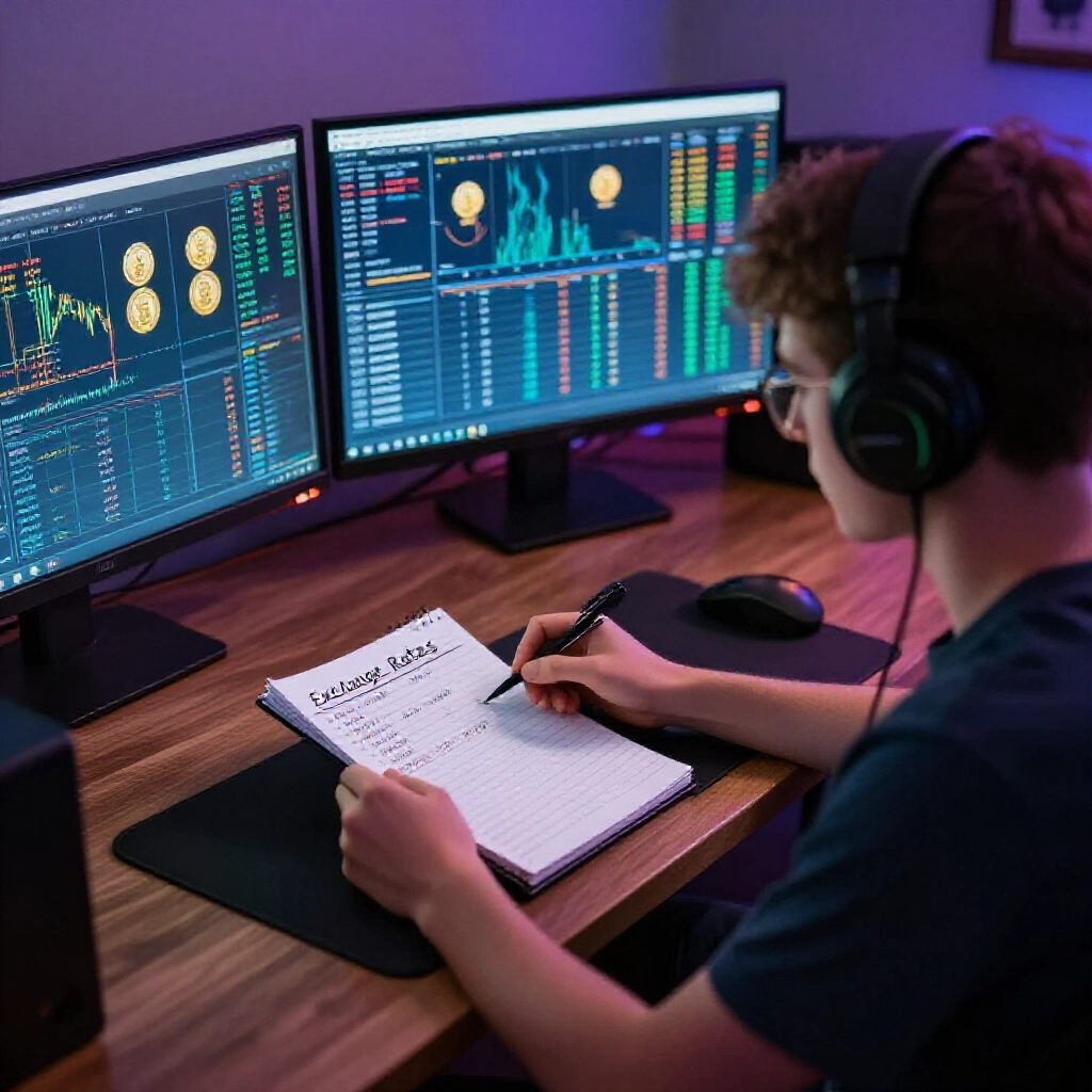 Newbie gamer at a desk calculating exchange rates on a notepad surrounded by computer screens showing fluctuating coin values and market charts in a dimly lit bedroom