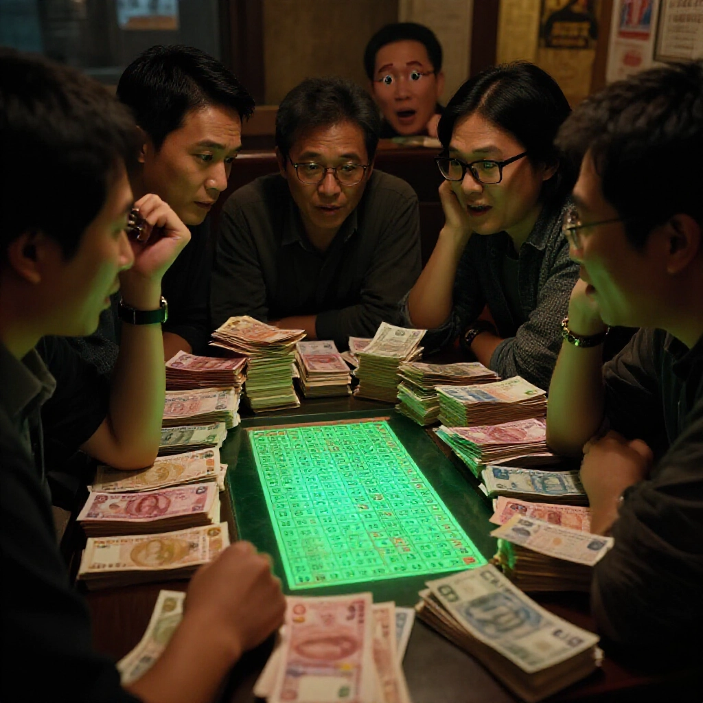 昏暗燈光投注店內，彩票特別尾號綠光突出，周圍堆滿彩色鈔票與興奮台灣玩家