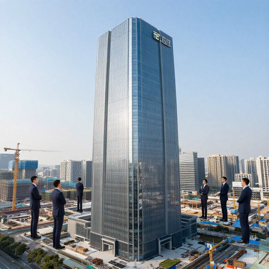 sleek modern office tower in taichung with executives in suits overlooking construction sites symbolizing gang to corporate business transformation