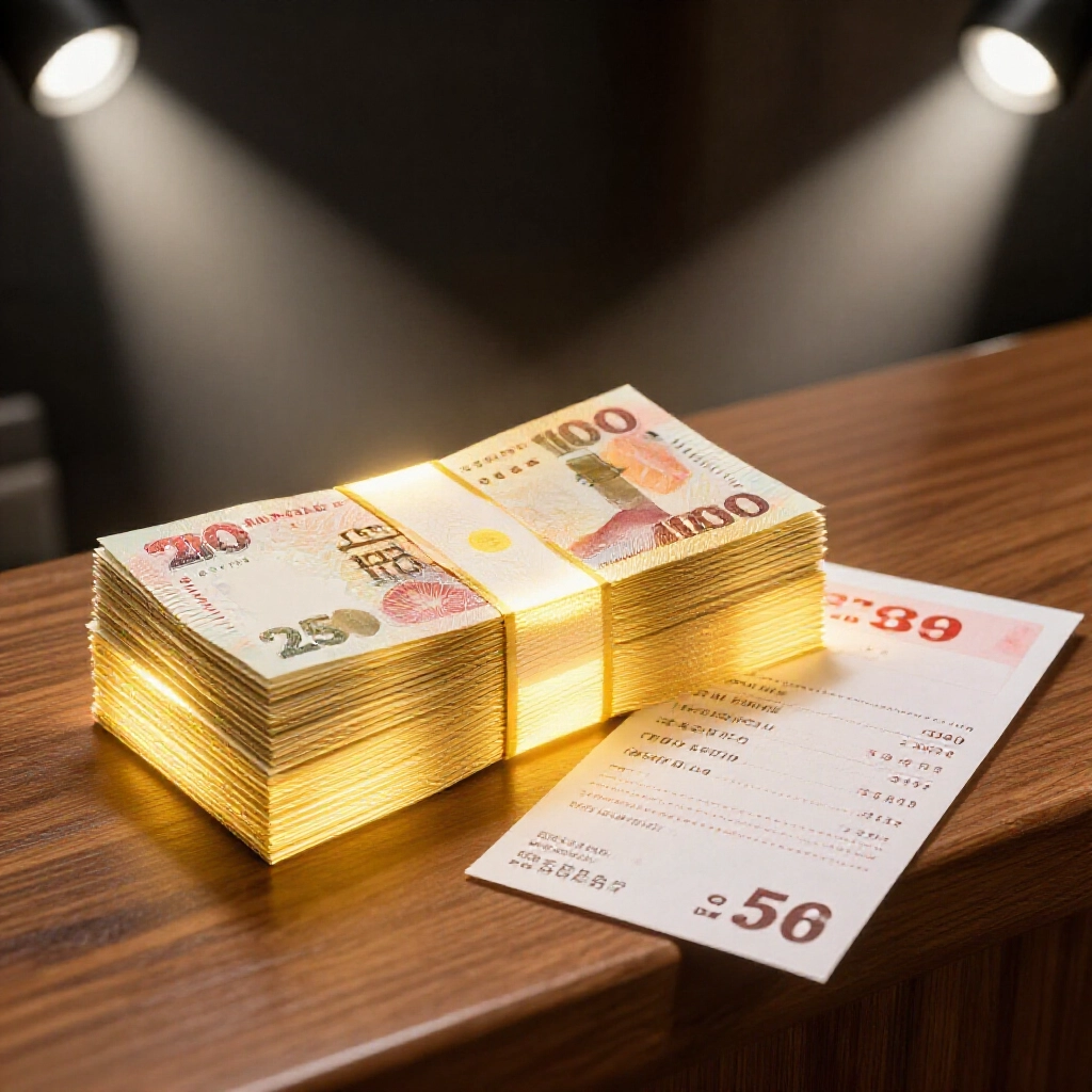 Glowing golden prize money stack of 11250 Taiwanese dollars next to a 25元 539三合 bet slip on wooden counter under spotlights symbolizing 450倍 jackpot win