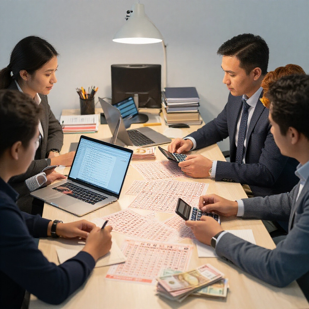 office colleagues gathered around table calculating 7 number combo for power lotto 56 ticket pack laptops showing math formulas stacks of cash pooled together motivated group atmosphere soft desk lamp illumination