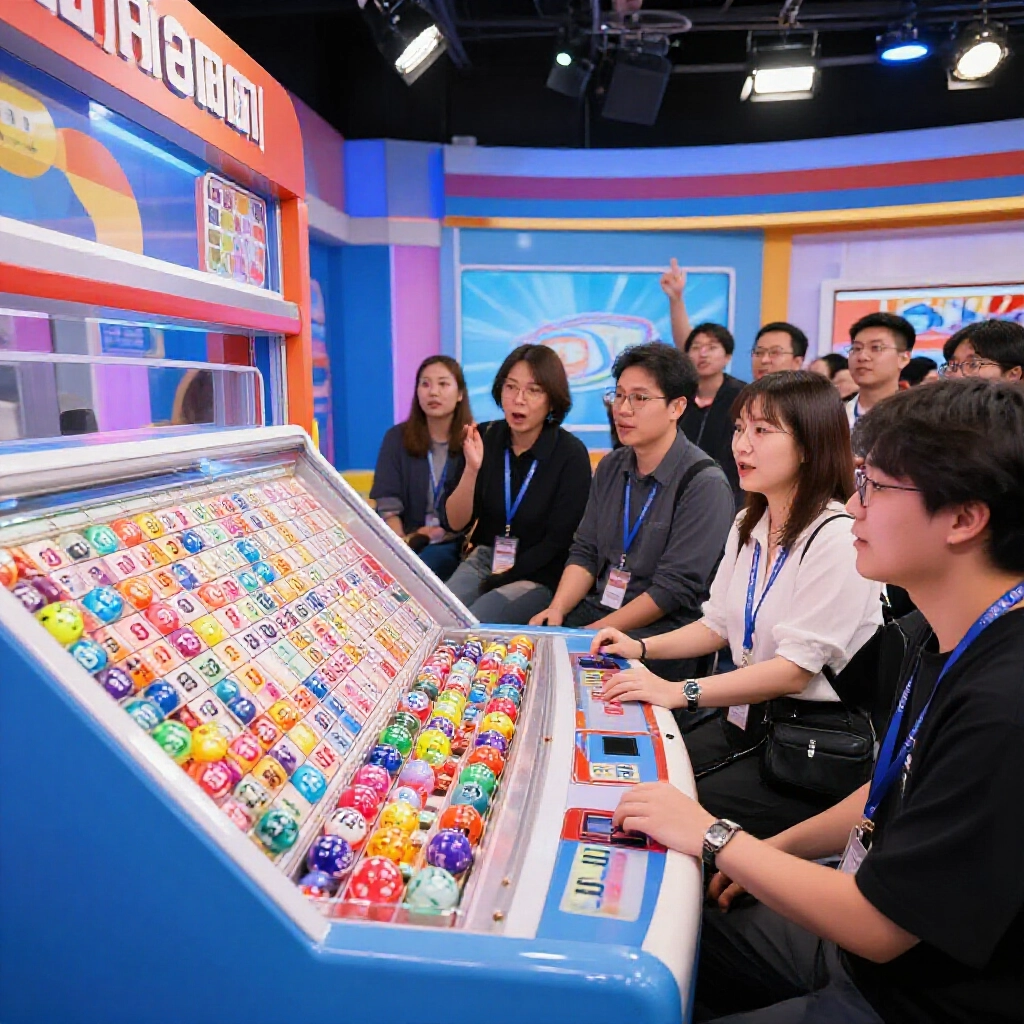 vibrant lottery drawing machine spinning colorful balls numbered 01 to 39 in bright studio lights with eager Taiwanese players watching the evening draw excitement