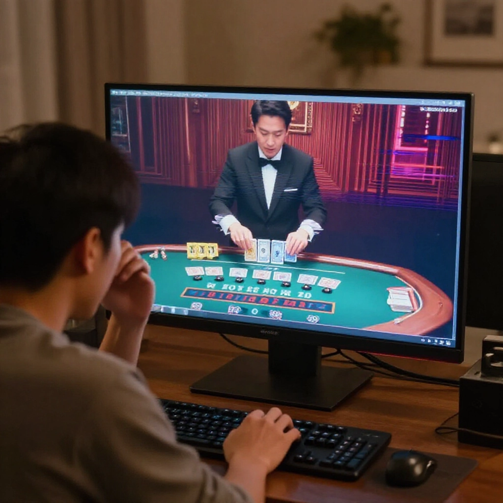 Frustrated player at computer screen showing stuttering baccarat video feed with packet loss effects mimicking card swap during dealer cut in dimly lit Taiwanese living room