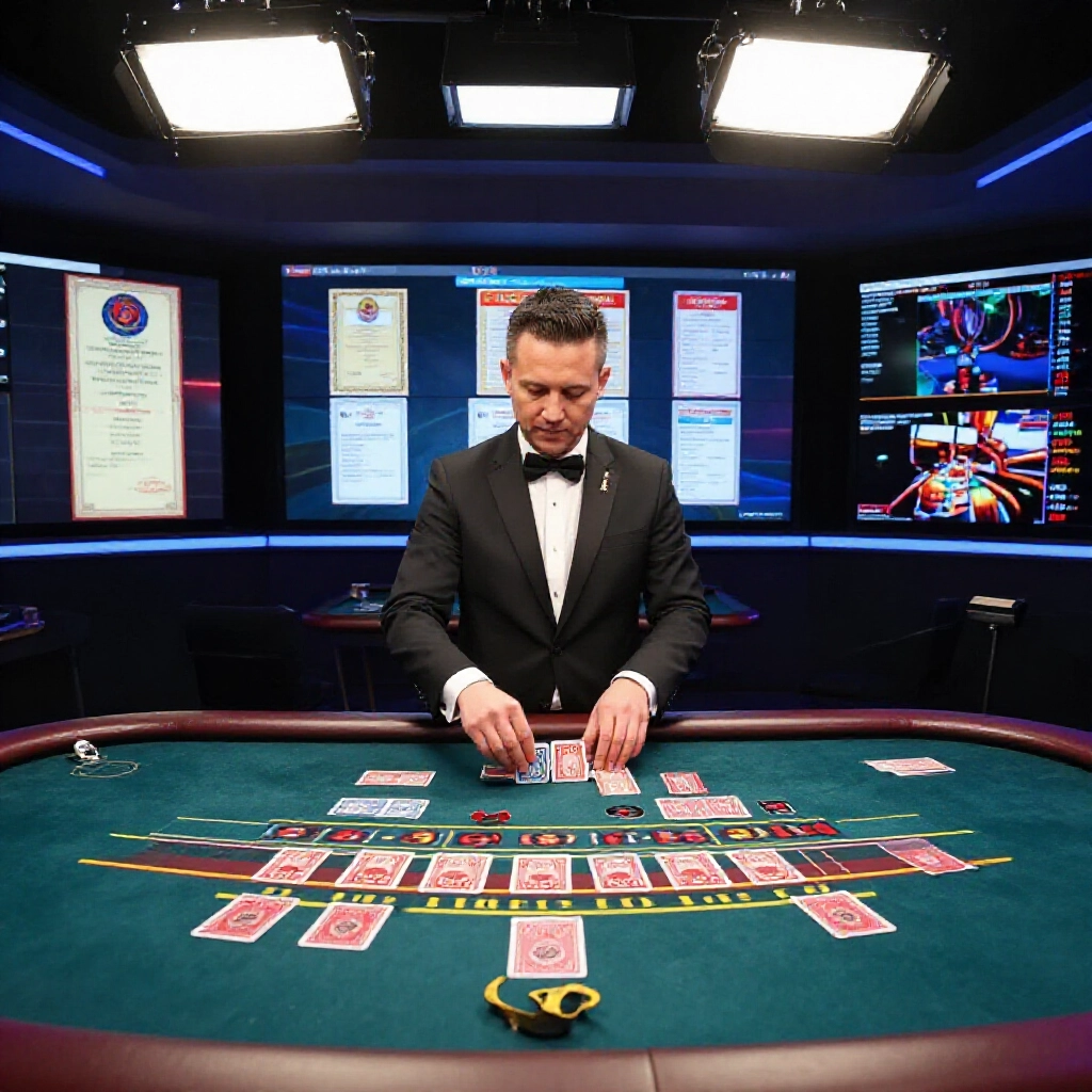 Modern casino studio with live baccarat dealer shuffling cards under bright lights surrounded by RNG certification screens and real time video streaming equipment in high tech environment
