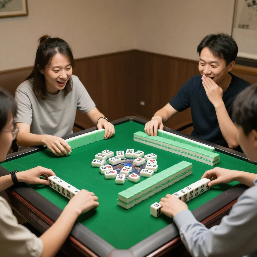 four enthusiastic players around a traditional mahjong table in hong kong style room with thirteen tile hands spread out vibrant green felt surface soft ambient lighting focused on intricate tiles and excited expressions