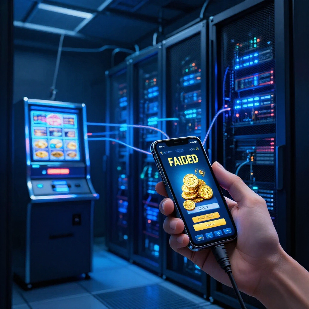 data center servers glowing blue connected to mobile phone displaying failed hack attempt on slot machine gold coins