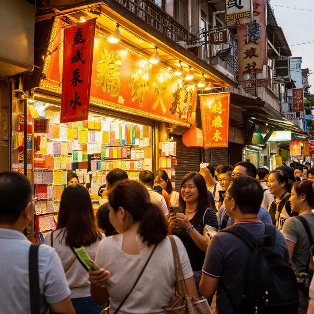 高雄街頭黃昏時分熱鬧景象，彩券店門口紅布條閃耀金光，民眾興奮購買彩券，充滿節慶氛圍