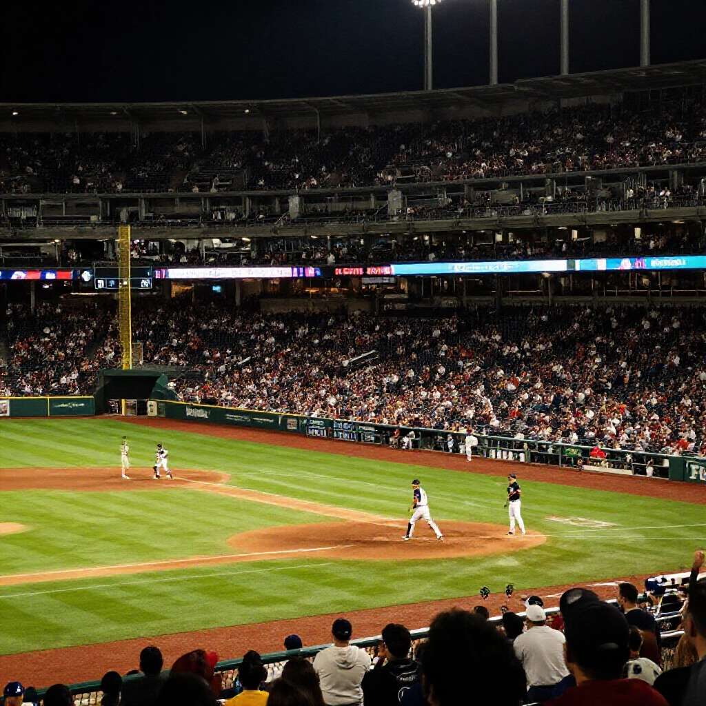 Baseball stadium packed with fans at end of ninth inning scoreboard showing tied score players on field ready for extra innings dramatic night lighting tense atmosphere