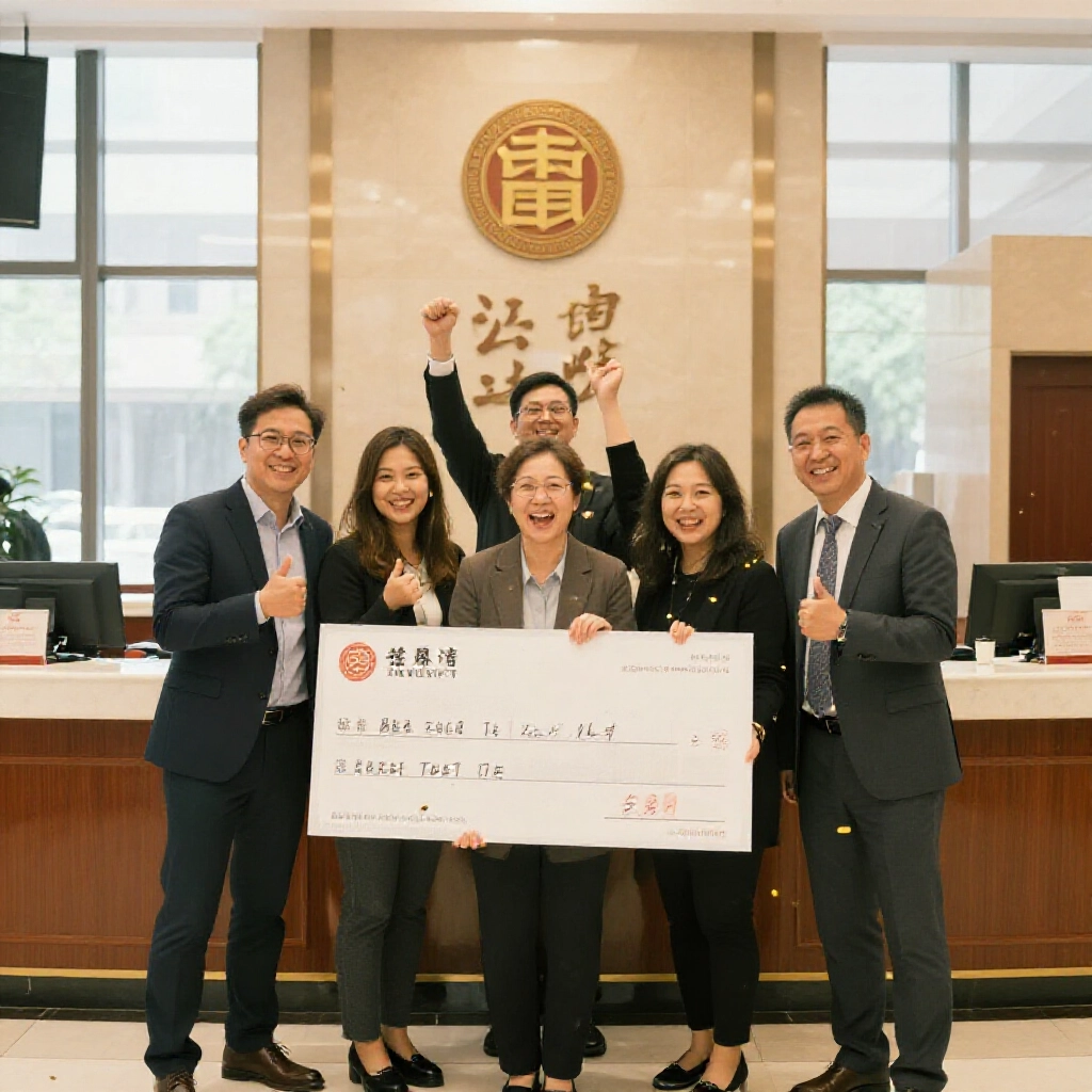 中獎者在中國信託銀行大廳慶祝領取大額支票，喜悅表情，金色彩帶點綴