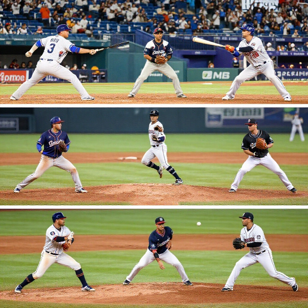 Comparison scene of three baseball leagues MLB endless extra innings CPBL tiebreaker with runner on second NPB 12 inning limit vibrant stadiums dynamic player actions