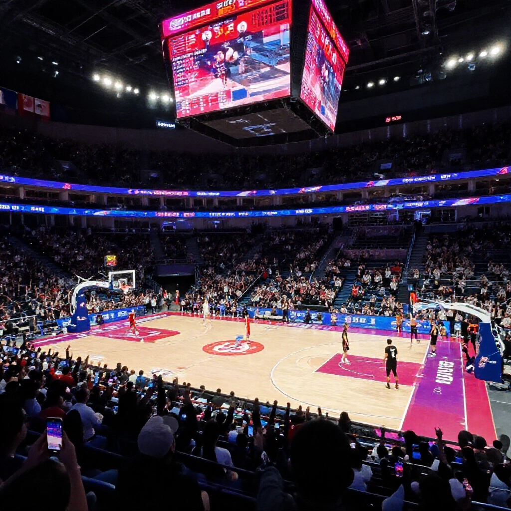 夜晚燈光下的NBA球場,球迷揮手機看投注app,球員熱身中氣氛熱烈