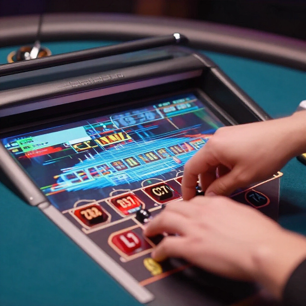 Closeup of baccarat shuffle machine in action with video frame glitches from network latency compensation creating illusion of tampering on professional gaming table setup
