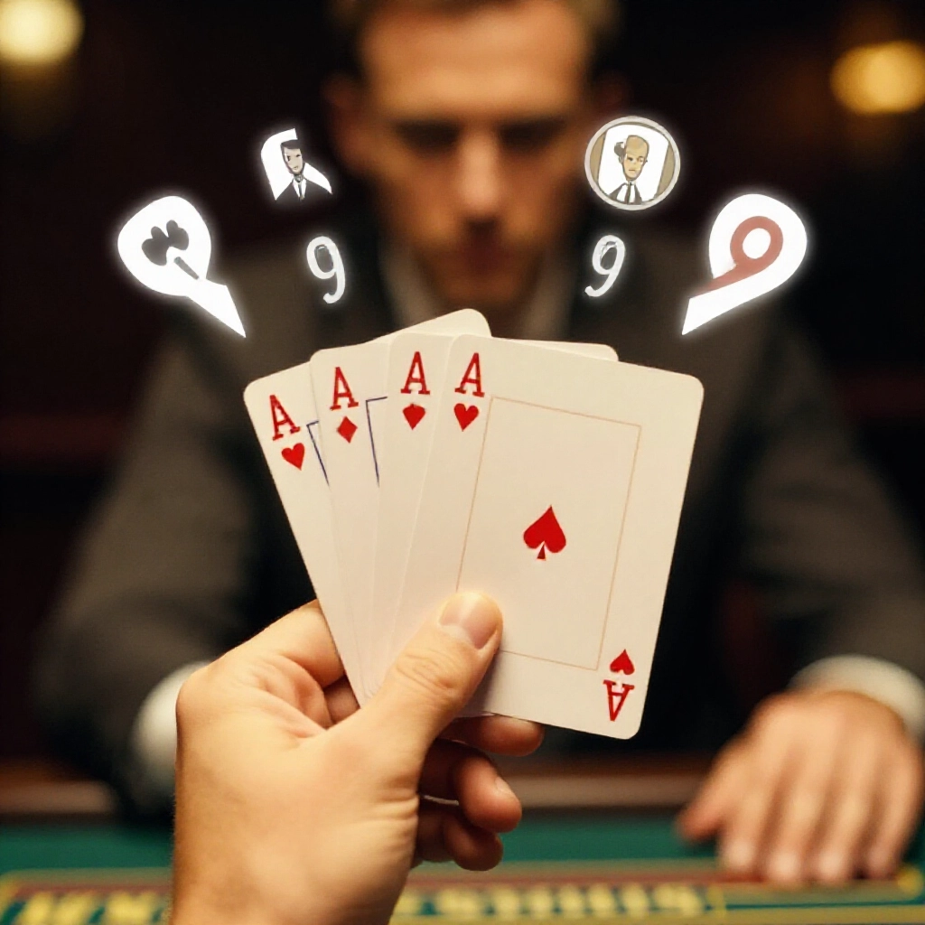 玩家手持 ace 和 seven 組成軟 18 對莊家 9,策略圖示浮現,營造緊張的金色賭場氛圍