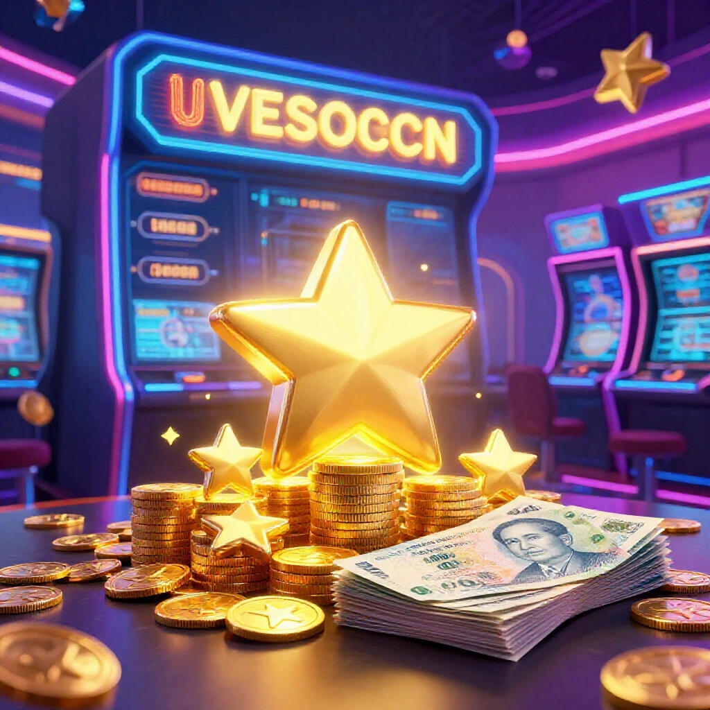 A vibrant digital casino interface glowing with golden star coins stacking up next to new taiwan dollar bills under neon lights in a futuristic gaming room