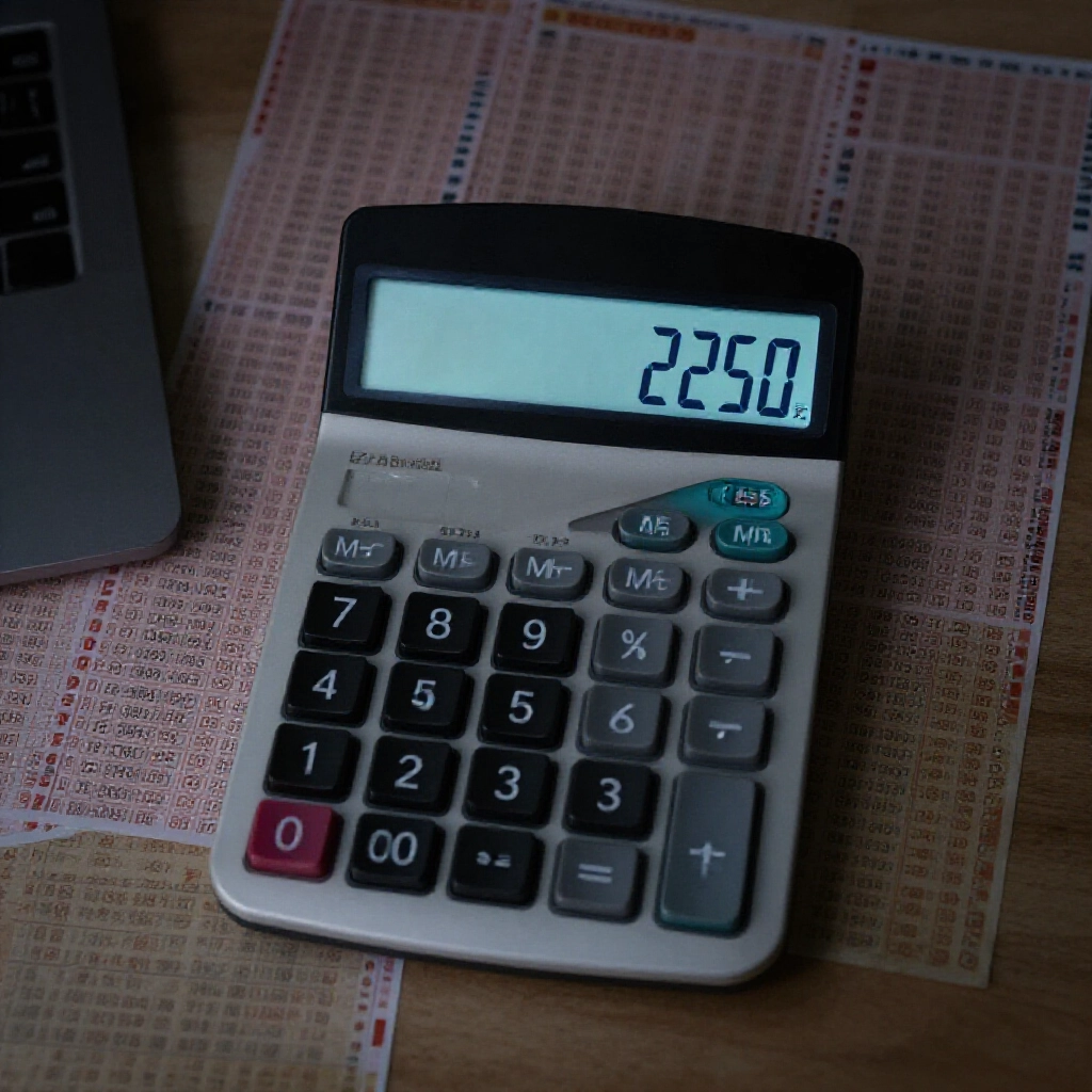 Calculator displaying tax deduction from 11250元 showing 2250元 income tax and 45元 stamp duty with faded lottery ticket background in dim office light