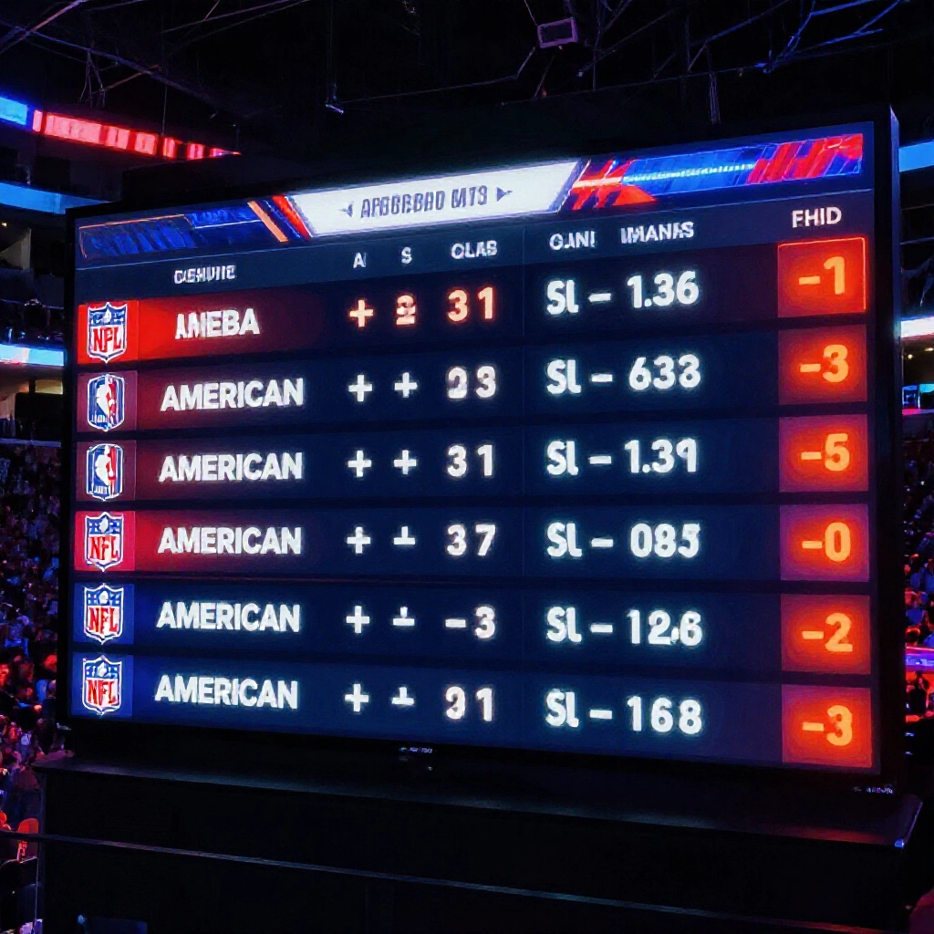 vibrant sports betting dashboard showing American odds with NBA and NFL logos in a neon stadium vibe