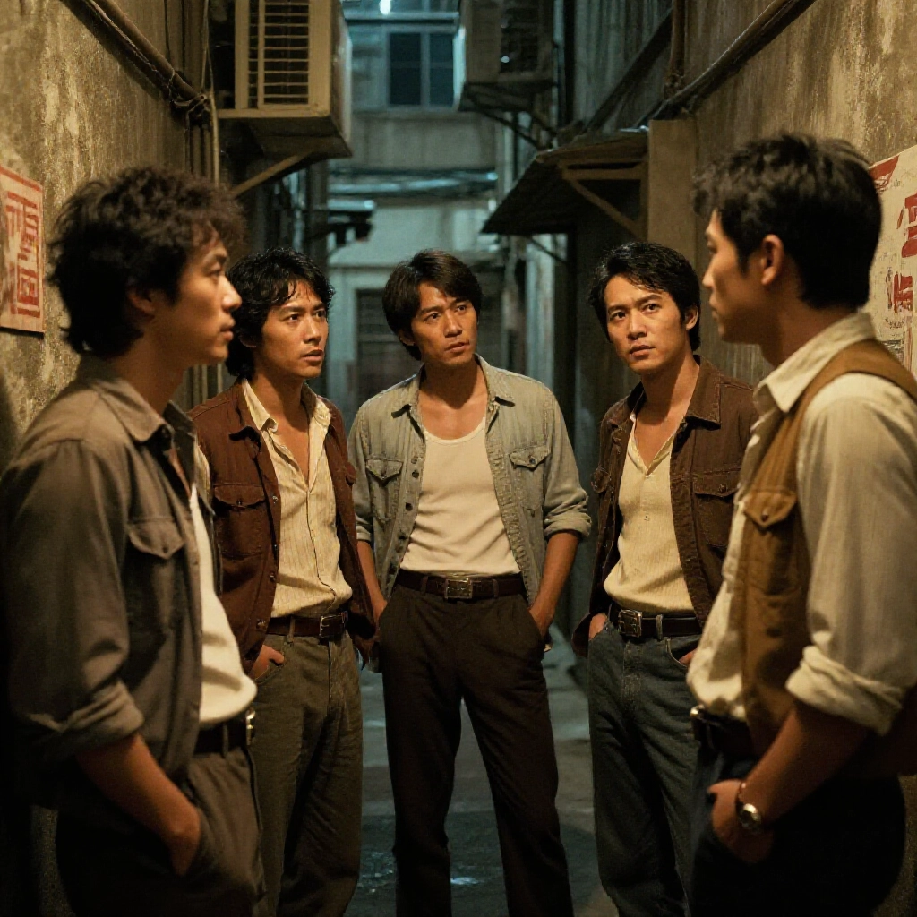 group of rugged men in 1980s attire gathered in dimly lit taichung alleyway mid district tense discussion evoking historical gang territory vibes