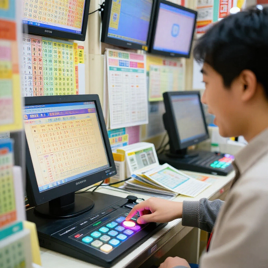 台灣彩券投注站內顧客興奮按下電腦快選按鈕,周圍滿布彩色彩票與數位螢幕