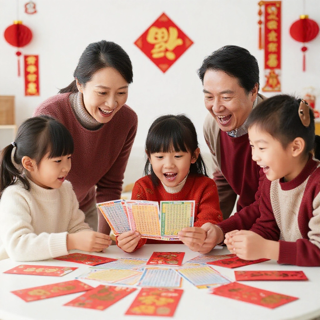 快樂家庭圍桌檢查彩色樂透券，對照紅包號碼，春節裝飾下興奮表情