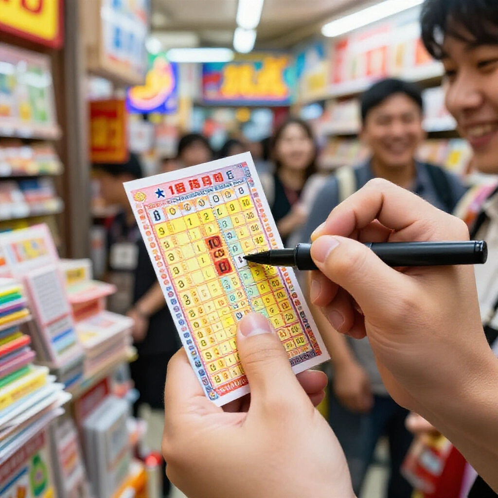 特寫手在彩色樂透券上標記兩個匹配號碼，快樂玩家在明亮台灣店內微笑，周圍霓虹燈牌與票券堆疊