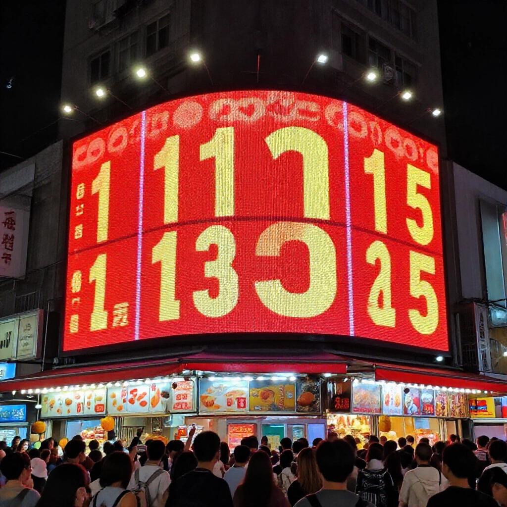 台北夜市熱鬧數位看板顯示醒目紅黃威力彩開獎號碼,底下興奮人群聚集在閃爍燈光下