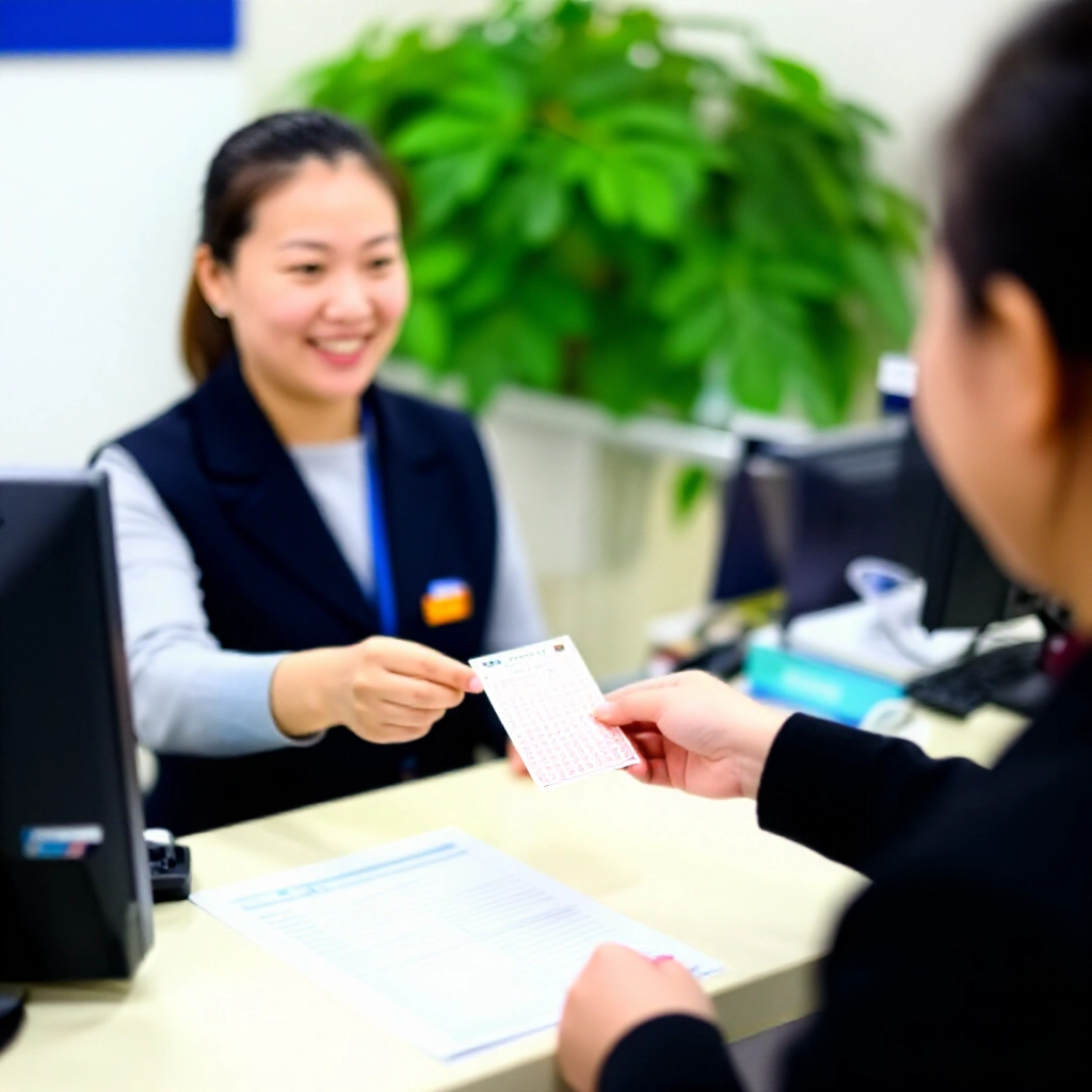 開心領獎的彩民在銀行櫃檯出示完整彩券，向行員兌領獎金