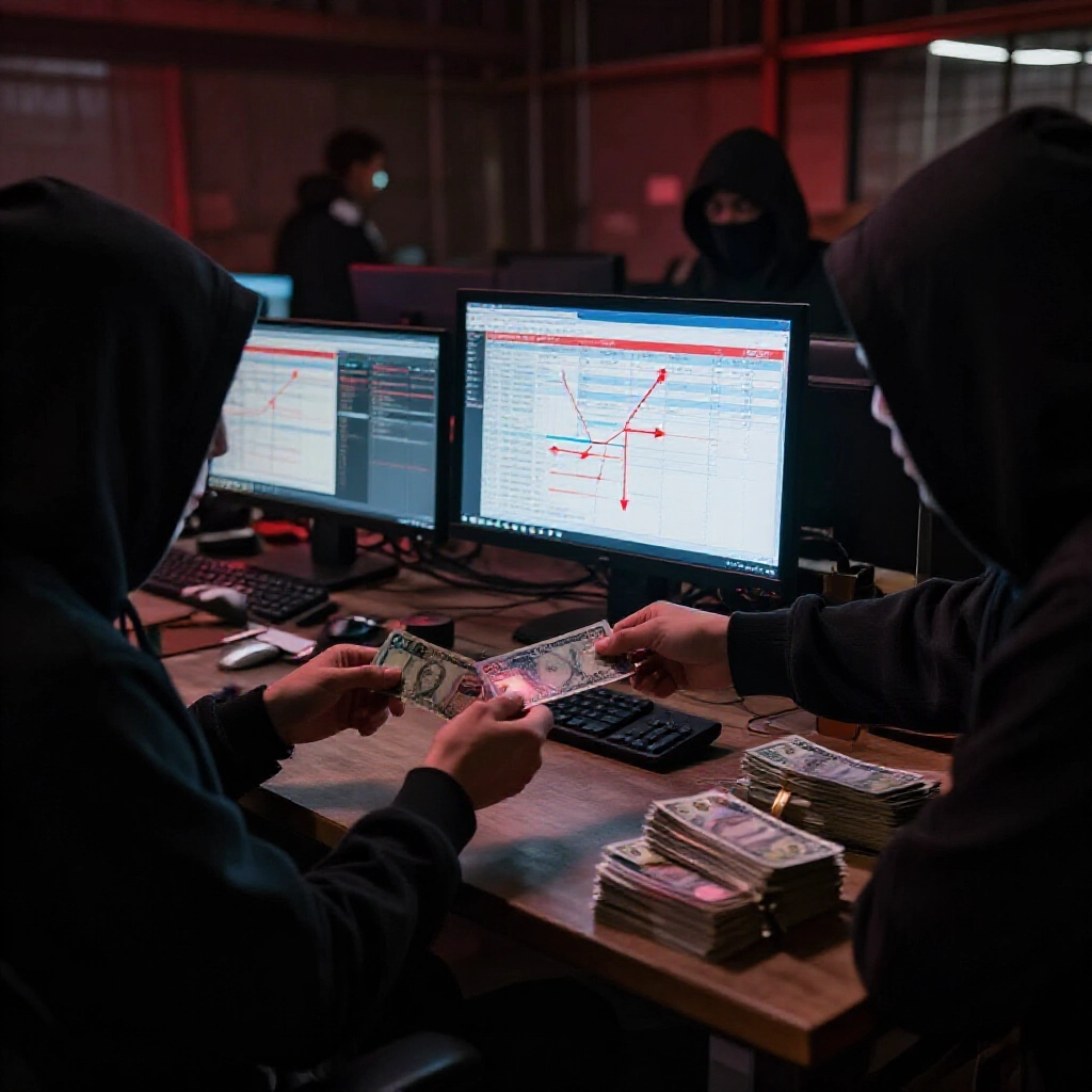 陰暗倉庫中陰影人物交換銀行卡與現金堆疊，電腦顯示九州娛樂城交易複雜金流箭頭連結帳戶，緊張紅色霓虹氛圍