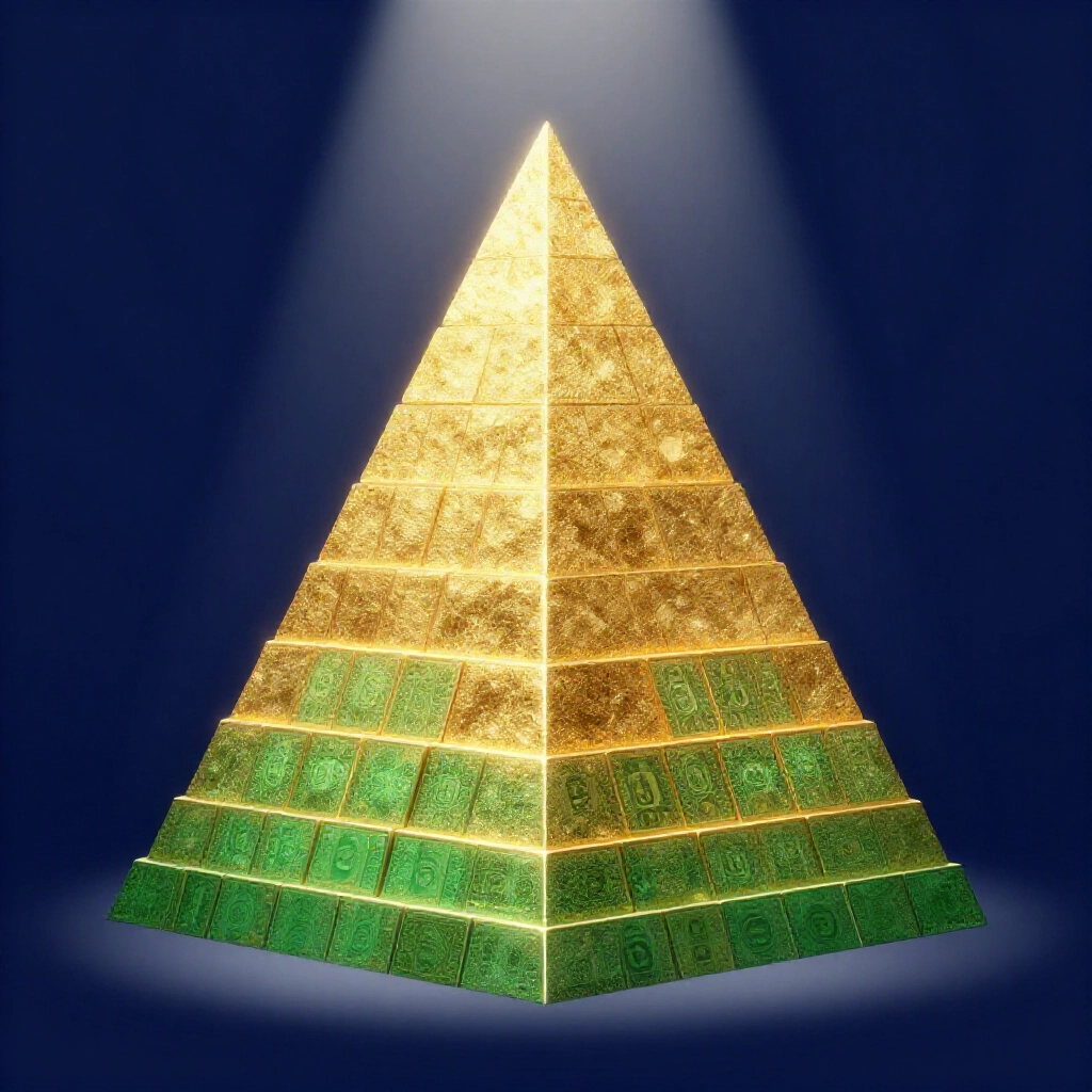金光閃耀的樂透獎金階層金字塔,深藍背景象徵中獎等級與 800 萬頭獎夢想