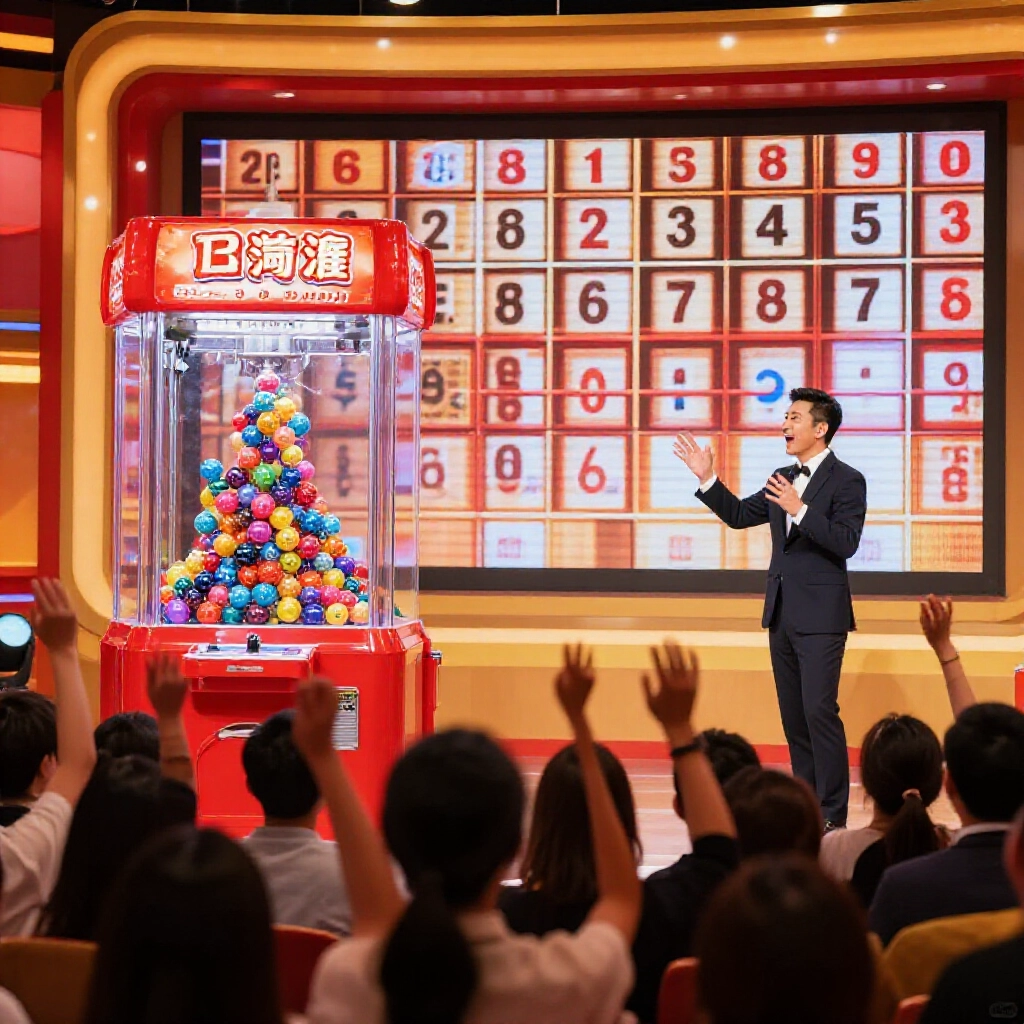 台彩今彩539開獎現場，紅金燈光環繞透明機器轉動彩球，主持人興奮指向螢幕顯示號碼，觀眾熱烈歡呼