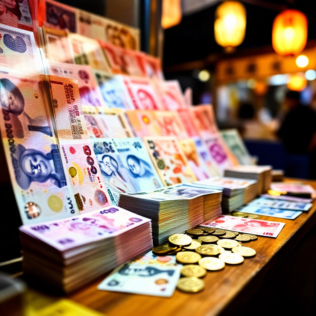 熱鬧彩票展示,堆疊彩色台灣鈔票與金幣,從木桌灑落,在溫暖夜市燈籠照耀下營造興奮投注氛圍
