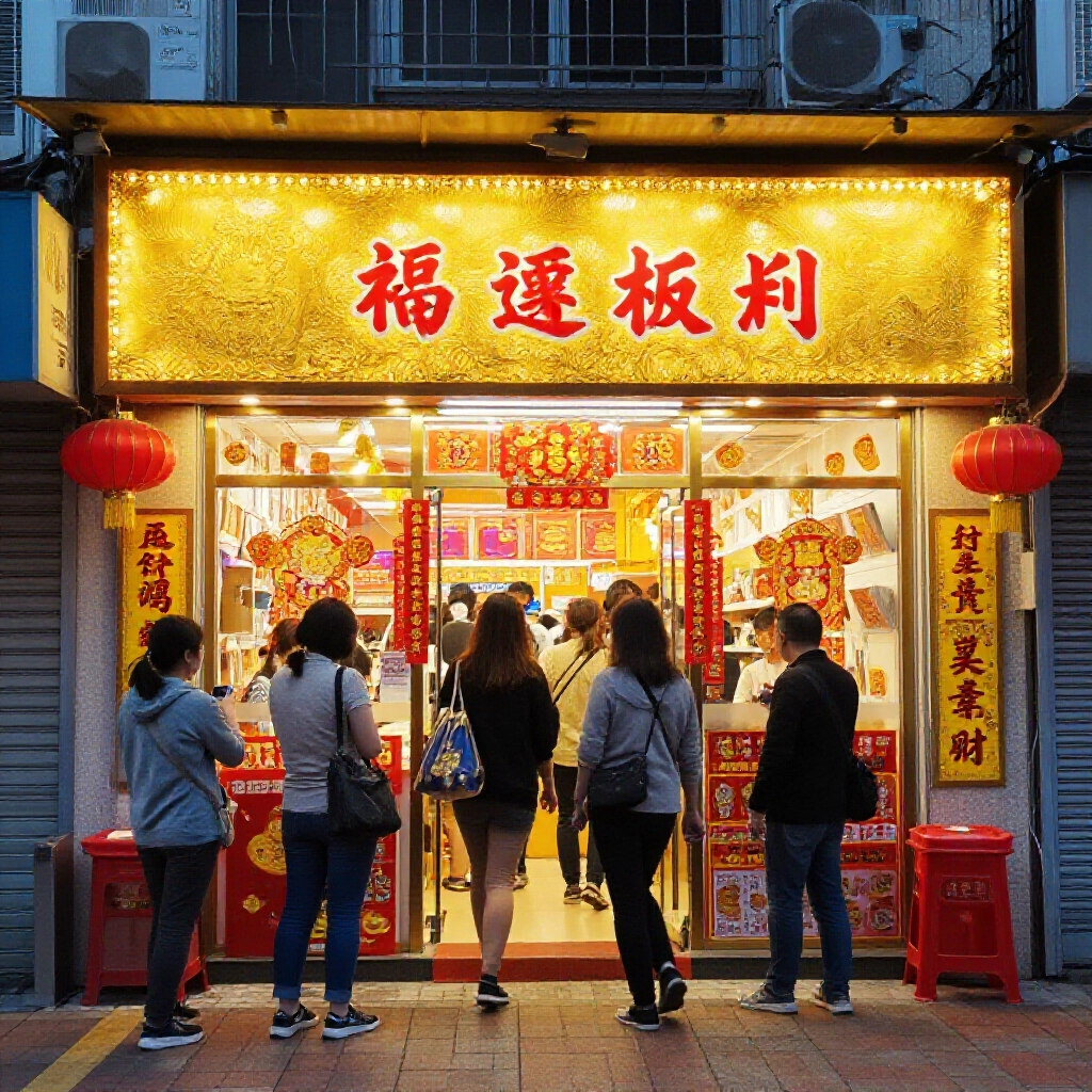 台中大里區熱鬧街景,燈火通明的錢多多彩券行外觀,金黃暖光照耀,晚上民眾排隊進入,門口裝飾象徵財富與好運