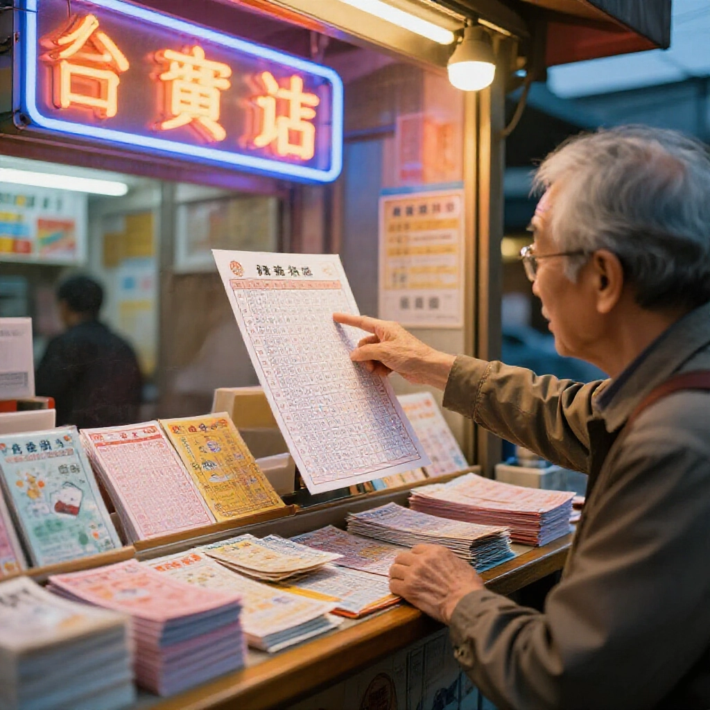 黃昏台灣樂透彩券站，霓虹燈光閃爍，木櫃彩券堆疊，老顧客興奮指著手寫預測表