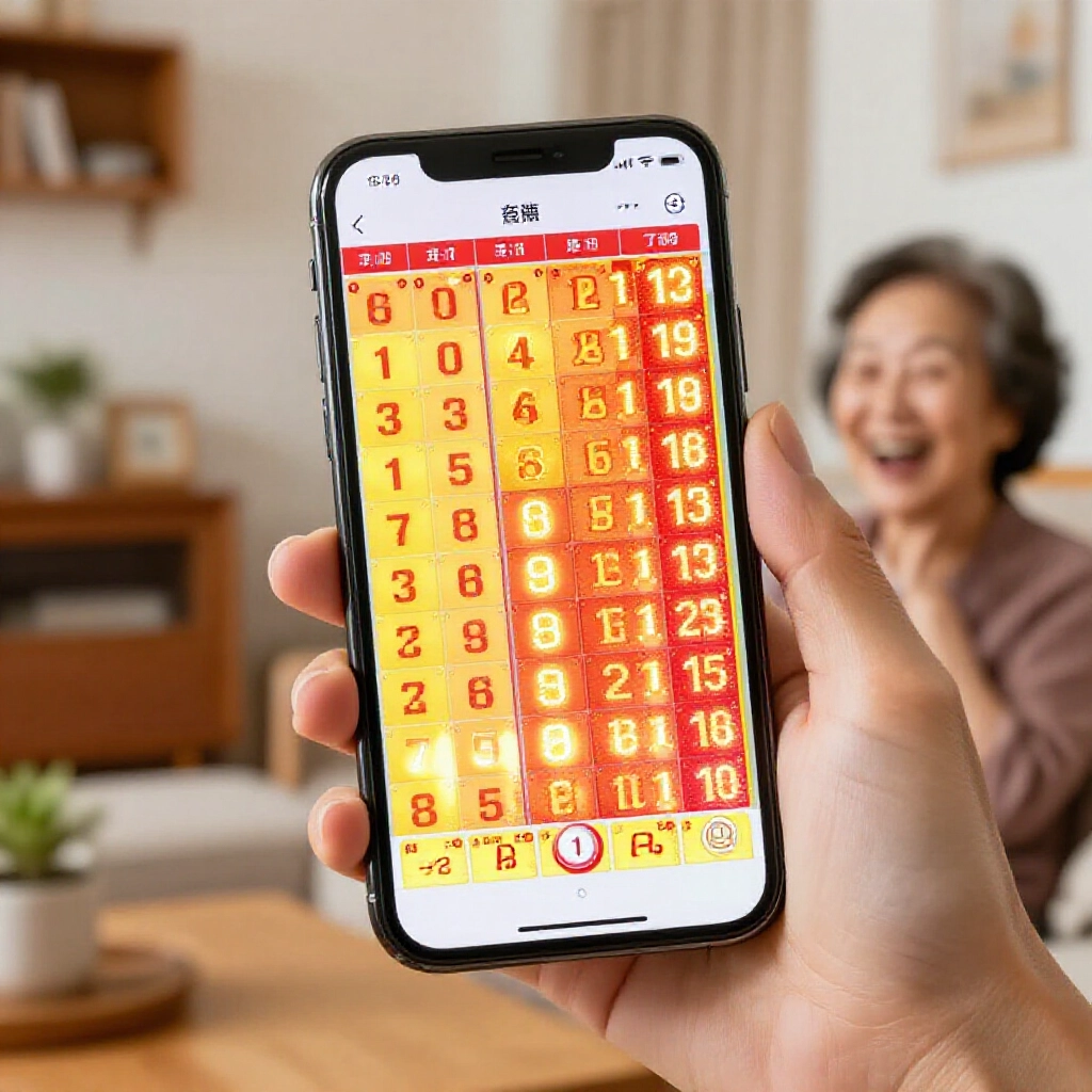 明亮的手機螢幕顯示彩色樂透結果表格，黃紅色調發光數字，溫馨台灣居家環境中老婦人興奮微笑查看最新開獎