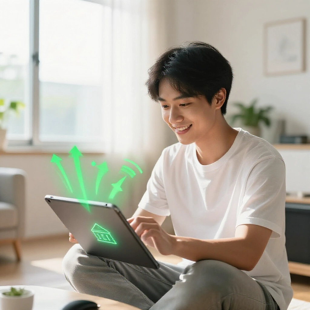 自信玩家在明亮台灣客廳陽光灑入,用平板點選銀行圖示,步驟流程以箭頭顯示,綠色成功色調