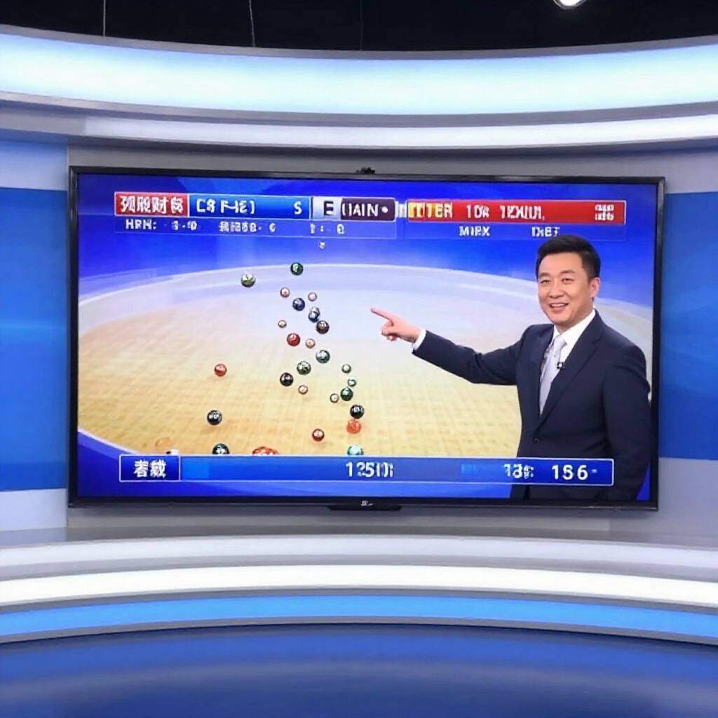 樂透開獎直播場景，電視螢幕顯示落球畫面，西裝主持人指向球體，現代新聞室明亮燈光與數位圖層