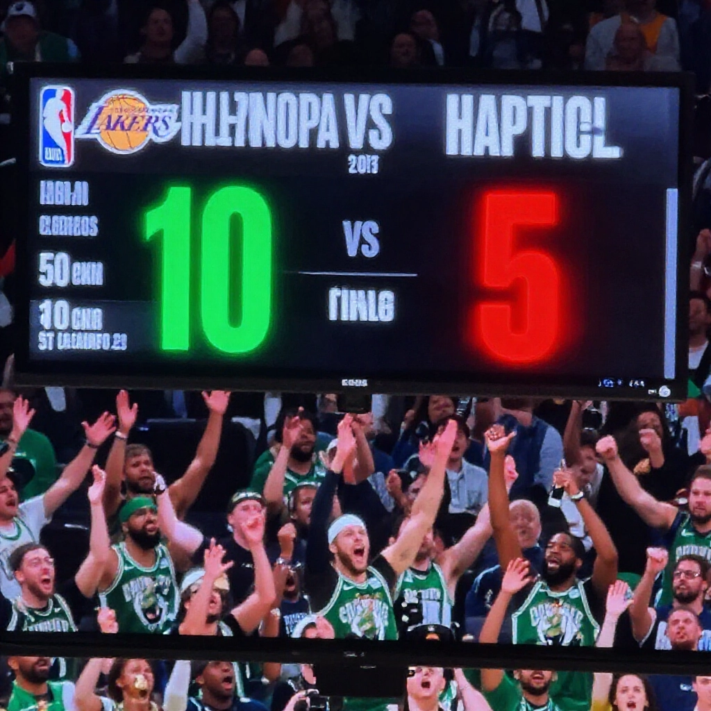 激烈的NBA籃球賽比分牌近拍,湖人對塞爾提克,讓分盤5.5,最終比分100比95,以鮮綠與紅色高亮,背景模糊歡呼人群