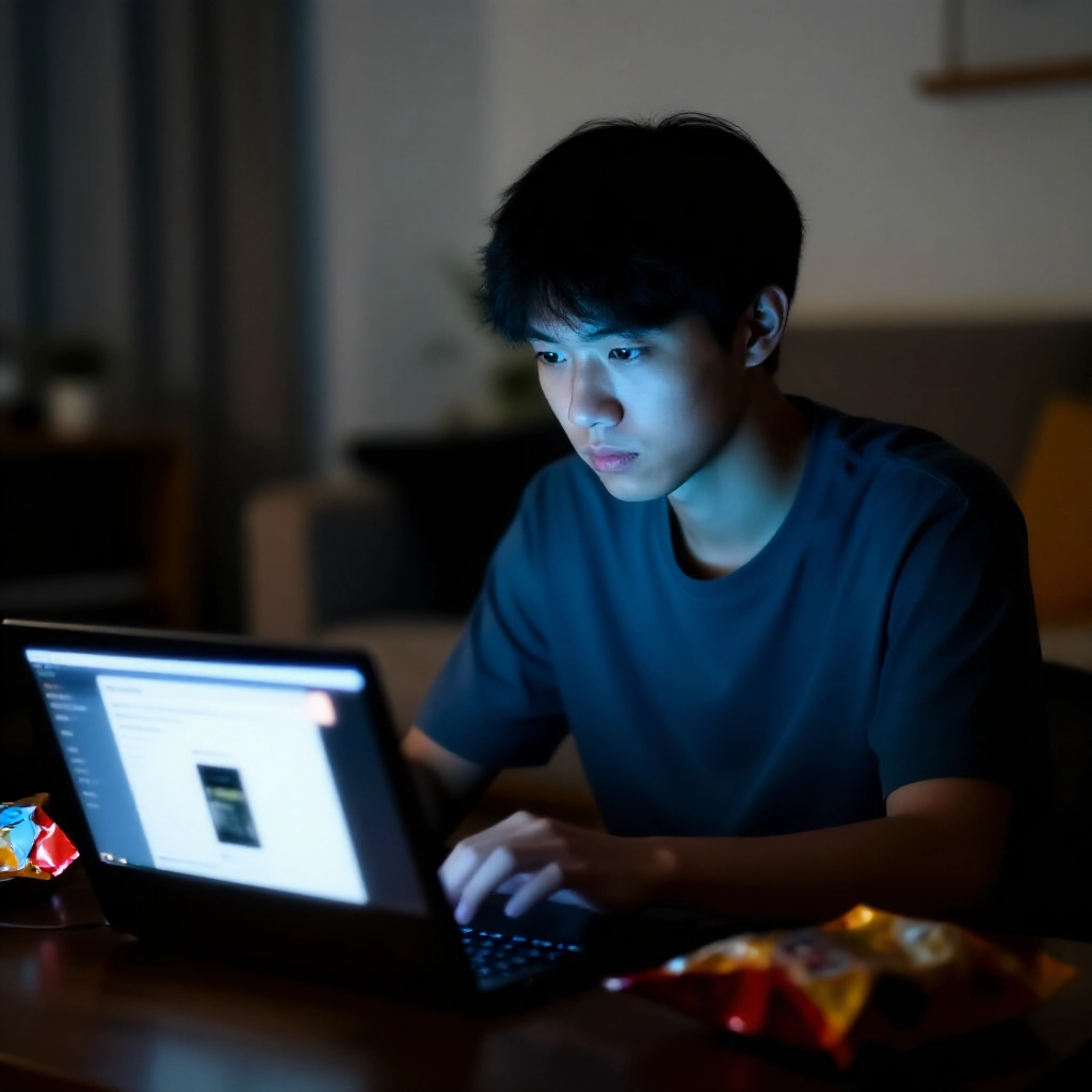 年輕台灣男子在舒適深夜公寓專注盯著筆電螢幕,螢幕顯示線上論壇關於博弈討論的貼文,嚴肅臉龐被藍光照亮,周圍散落零食包裝