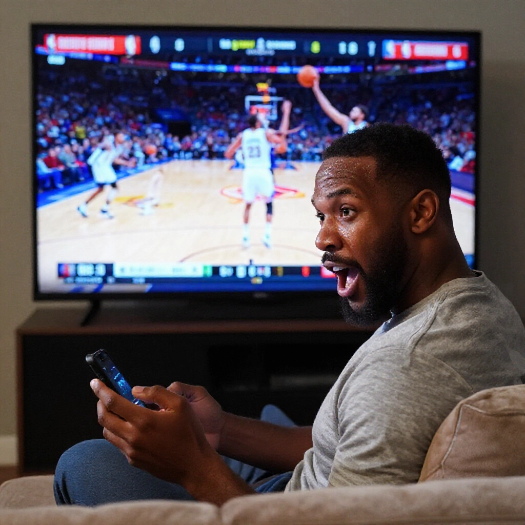 籃球迷坐在沙發上即時觀看NBA第四節,隨著蜂鳴器逼近瘋狂在手機下注,計分板閃爍,額頭冒汗,體育場燈光鮮豔,動感動作凍結興奮