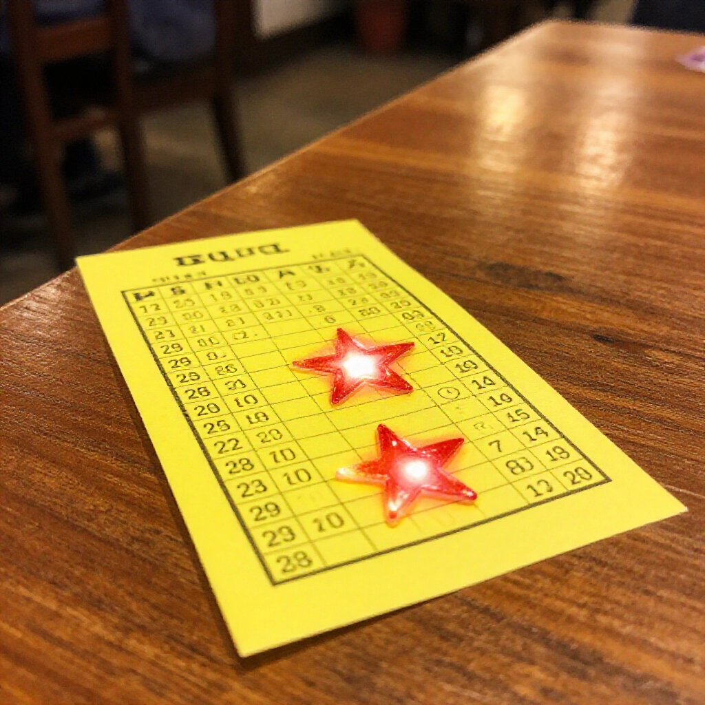 明亮的黃色彩票票券,三顆發光紅星對應中獎號碼,擺在木桌上,溫暖咖啡廳燈光營造舒適台灣氛圍