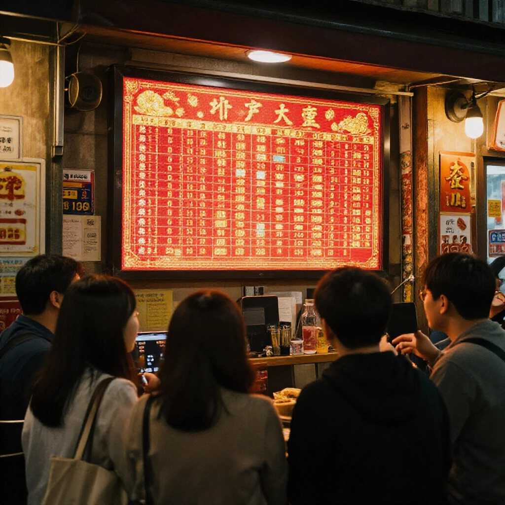 充滿活力的紅金色調獎金圖表在台灣樂透店內數位螢幕上閃耀，溫暖燈光下興奮顧客圍繞聚集